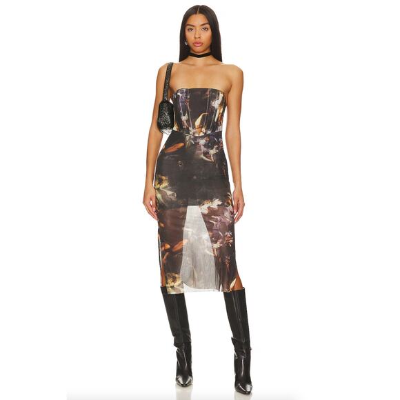 superdown | NWT Angela Midi Dress in Multi Black Angel Heaven Print S - Picture 1 of 15